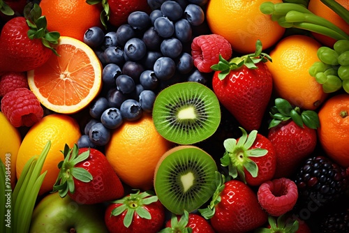 A close-up vibrant assortment of various fresh fruits including berries  citrus  and kiwis  displaying a mix of colors and textures.