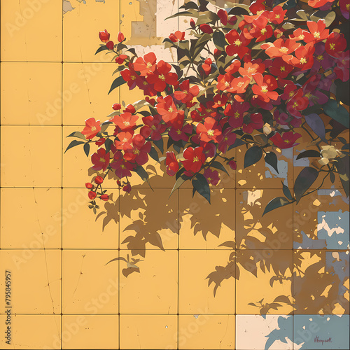 Vibrant Scarlet Flowers on a Sunlit Yellow Wall: A Natural Display for Marketing and Advertising photo
