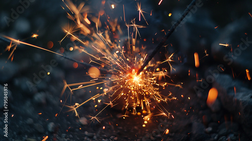 Sparkler burning on dark background, closeup photo with shallow depth of field