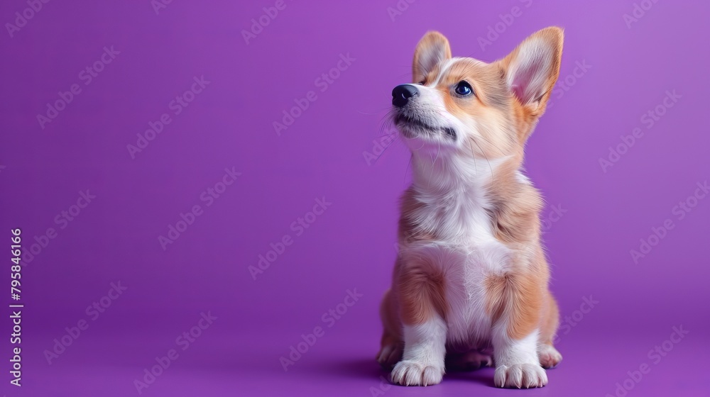 Shiba dog A close-up photo of a Shiba dog against a purple background captures the essence of this beloved breed. Triangular ears And the Shiba's distinctive fur will be the highlight of the photo.