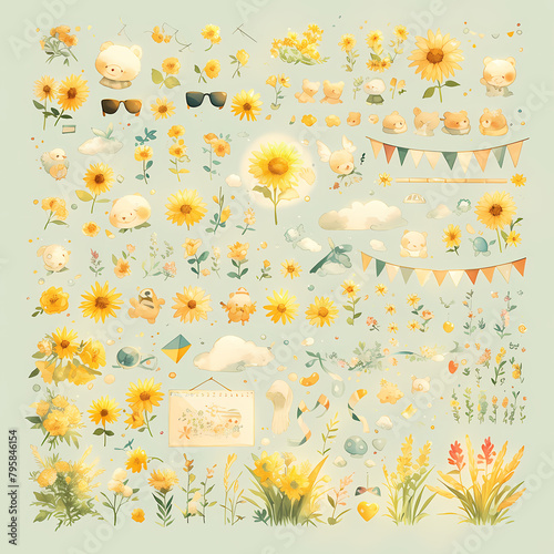 Summer Vibes Aplenty: Adorable Watercolor Nursery Collection with Sunflowers and Pastel Clouds photo