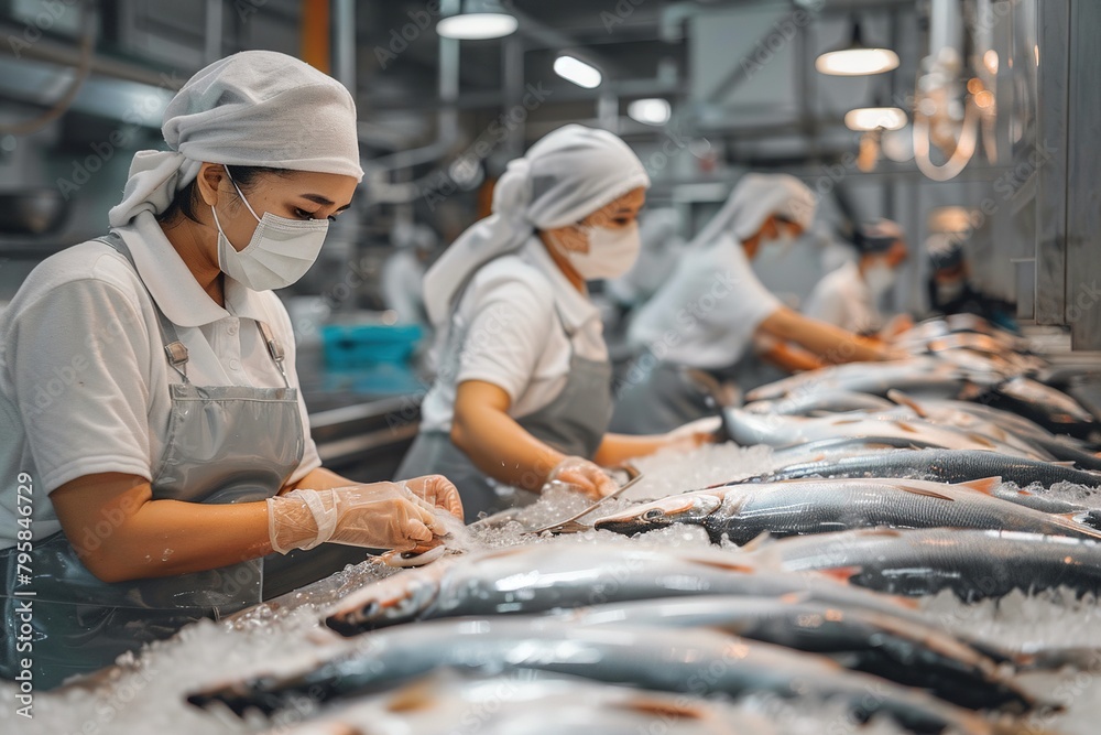 Women workers in a fish factory Women workers in a fish factory