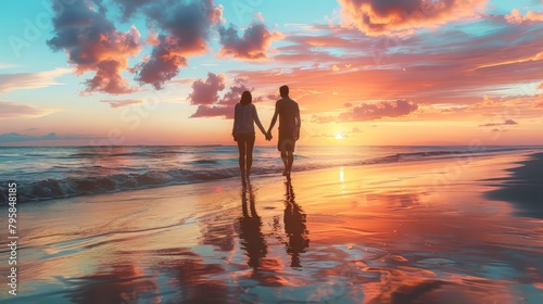 Couples strolling hand in hand along the beach at sunset © Cloudyew