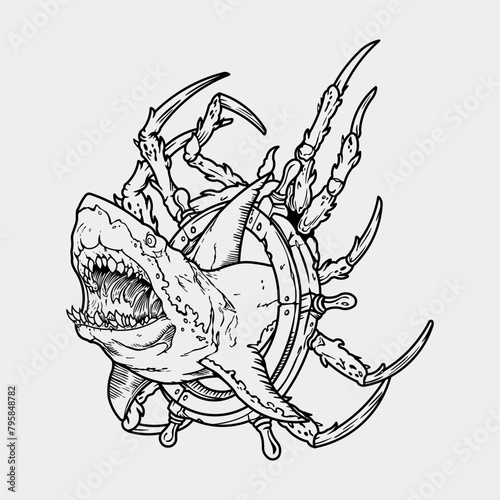 Shark and helm anchor artwork vector illustration