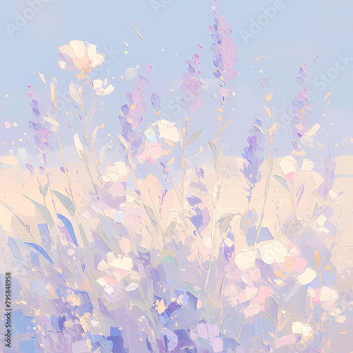 Vibrant and serene oil painting of lavender field with delicate flowers in full bloom. Perfect for lifestyle, floral design, and nature-inspired projects.