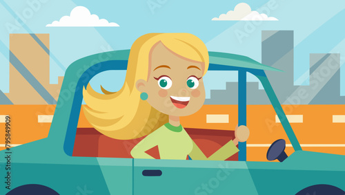 riding on the machine happy blond woman rides in cartoon vector illustration