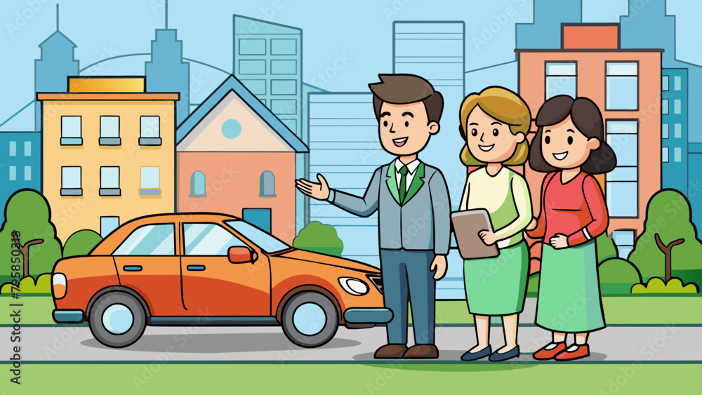 car couple rents a car from rental agent took cartoon vector illustration car couple rents a car from rental agent took cartoon vector illustration