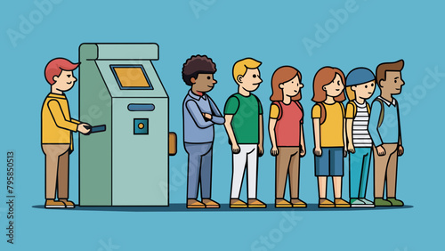  queue at the atm disgruntled people are standing cartoon vector illustration