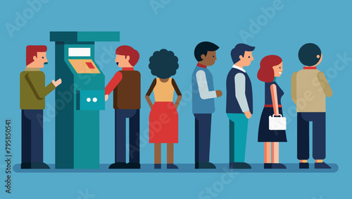  queue at the atm disgruntled people are standing cartoon vector illustration