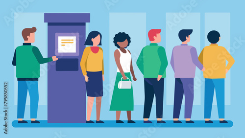 queue at the atm disgruntled people are standing cartoon vector illustration