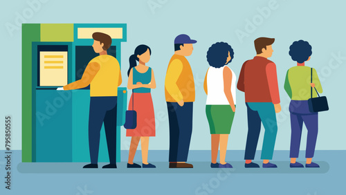  queue at the atm disgruntled people are standing cartoon vector illustration photo