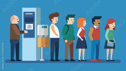  queue at the atm disgruntled people are standing cartoon vector illustration