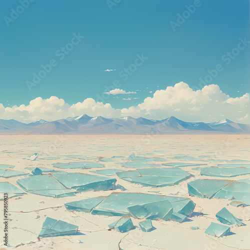 Pristine Caliche Soil Under Sunlit Blue Sky with Snow-Capped Mountains in the Distance. photo