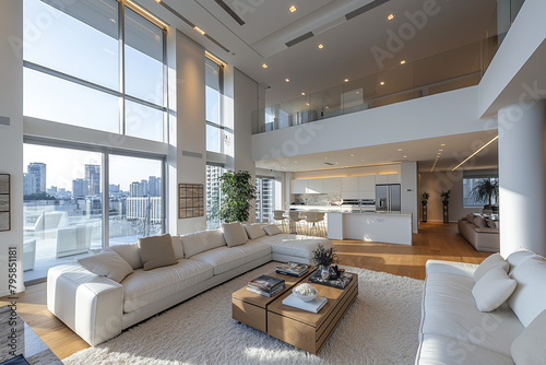 Serene spacious living room with minimalist design, showcasing stark white color palette and abundant natural light, enhanced by clean architectural lines and matte finishes. photo
