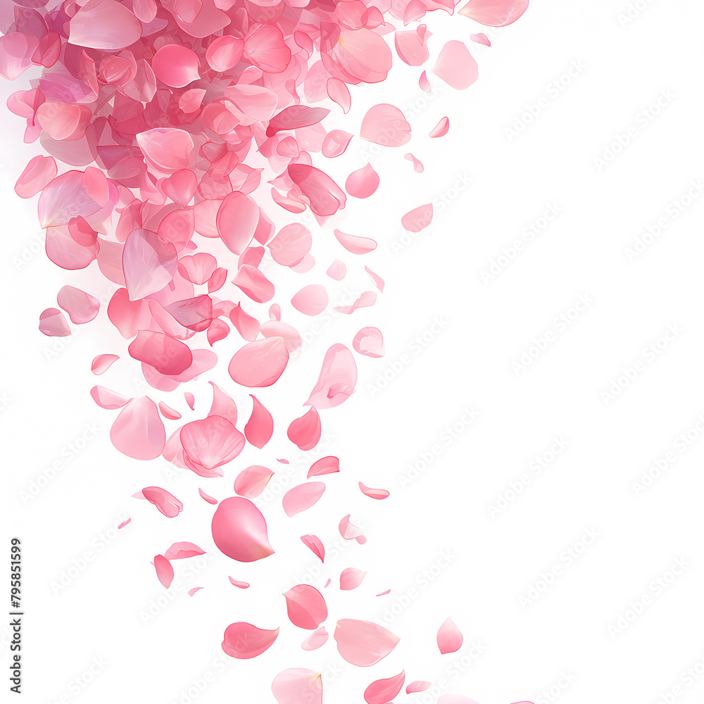 Amidst a soft white backdrop, delicate rose petals cascade downwards, creating an enchanting motion blur effect that evokes the timeless beauty of love and nature.