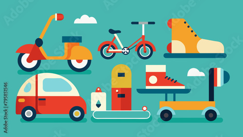  people and wheeled vehicles scooter skateboard cartoon vector illustration