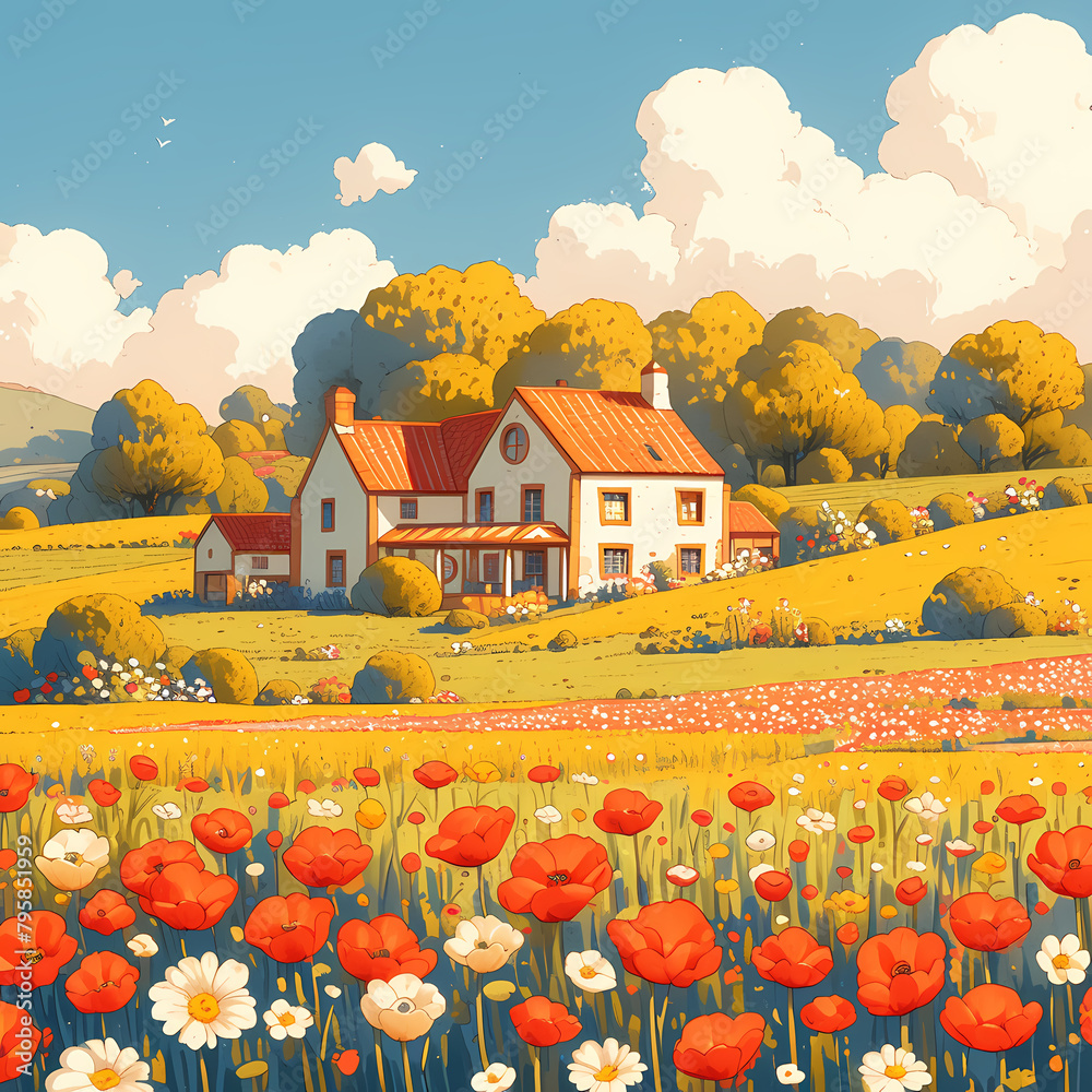Vibrant Vintage Illustrated Estate with Fields of Poppies