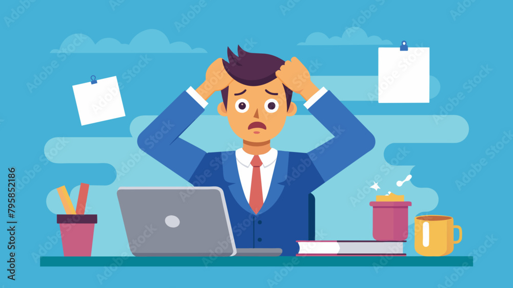  panic and stressed man working at his office holding    cartoon vector illustration