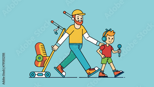 paternity father and son walk roll-on roller cartoon vector illustration
