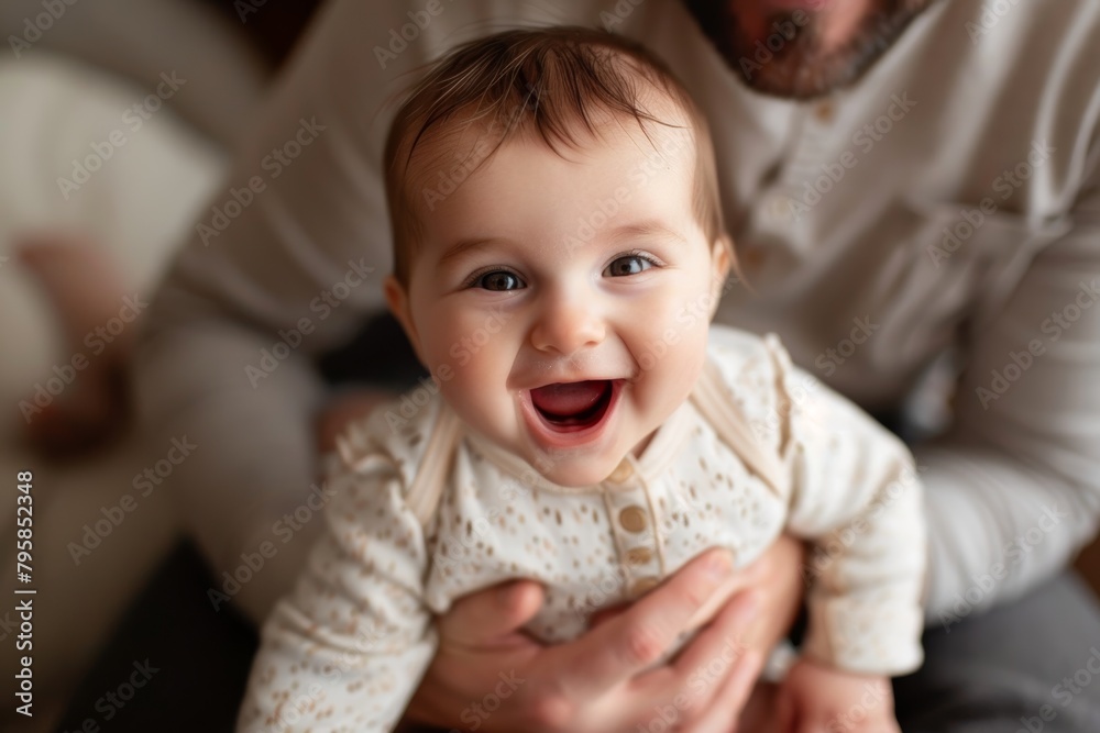 Joyful baby bouncing on their parent's knee, laughing with pure joy Joyful baby bouncing on their parent's knee, laughing with pure joy