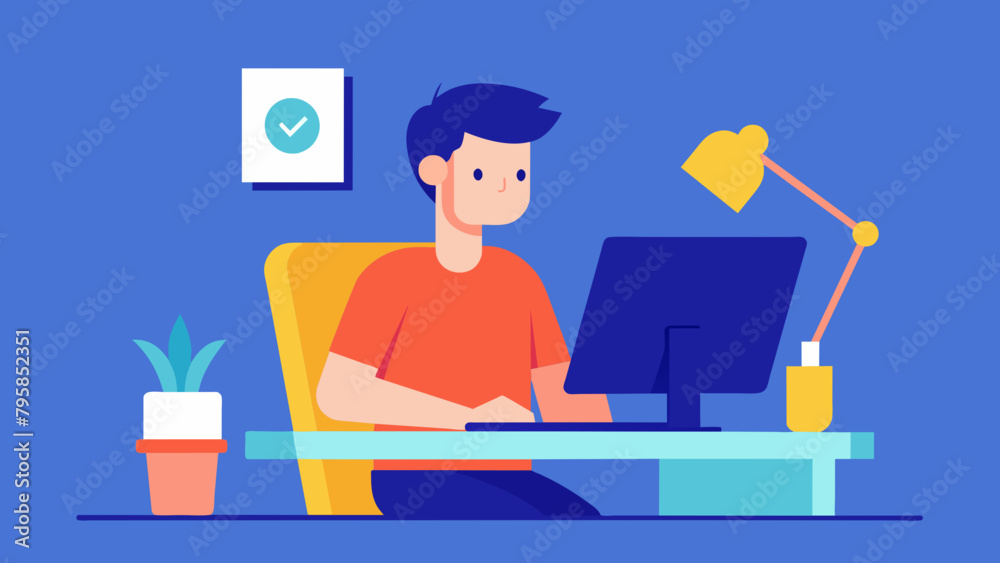 office work and remote work freelance young man cartoon vector illustration