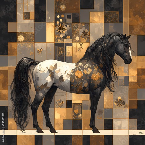 Luxurious Abstract Mosaic Horse Art with Stylized Metallic Components and a Sophisticated Black and Gold Palette photo