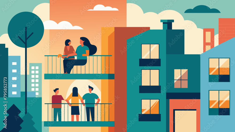 Neighbors stand on the balcony cartoon vector illustration