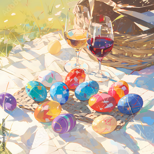 An inviting Easter picnic scene featuring a variety of colorful, intricately decorated eggs, accompanied by glasses of wine on a charming woven basket.
