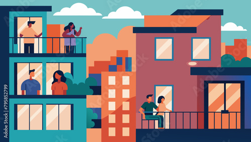 Neighbors stand on the balcony cartoon vector illustration