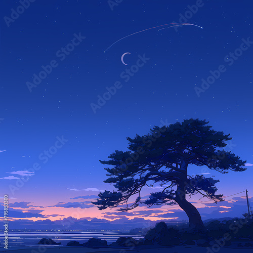 Starry Skies and Silhouetted Lone Pine Tree - A Captivating Nighttime Landscape