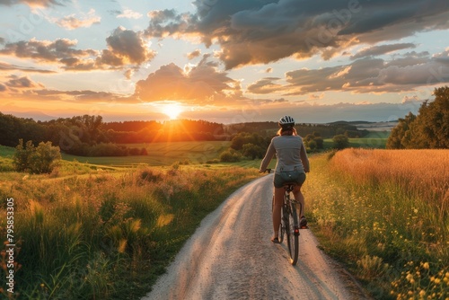 Person enjoying a leisurely bike ride in the countryside photo