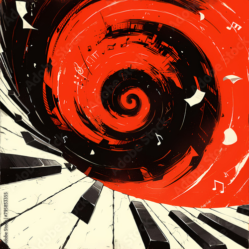 Spiral Piano in Vivid Red - Captivating Music Scene Illustration photo