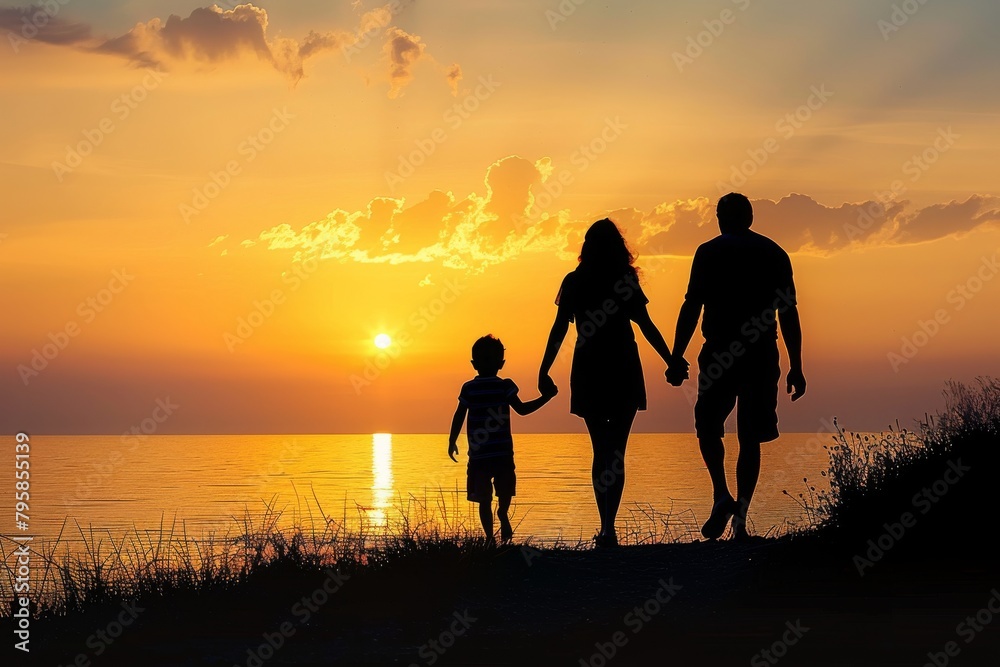 Silhouette of a family walking along the shoreline at sunset