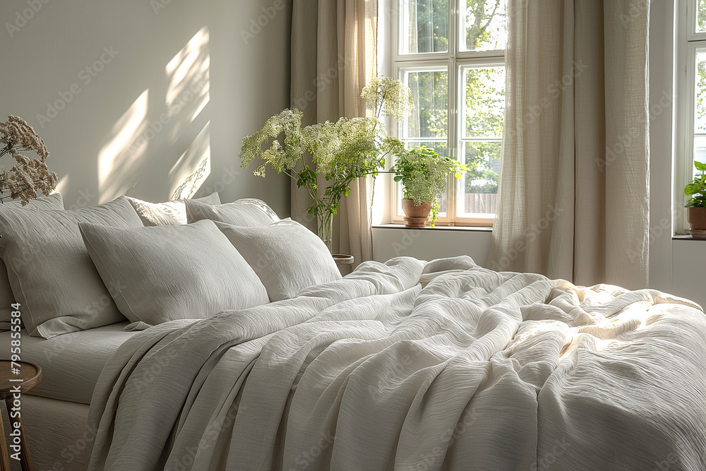 Tranquil minimalist bedroom featuring functional furniture, soft gray color scheme, and morning light, accented with crisp linens for a clean, peaceful atmosphere. Tranquil minimalist bedroom featuring functional furniture, soft gray color scheme, and morning light, accented with crisp linens for a clean, peaceful atmosphere.