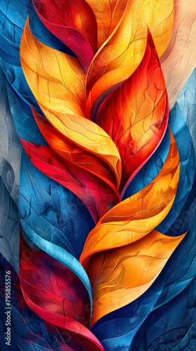 Abstract colorful leaves vibrant colors red blue orange, bright layers, botanical modern background