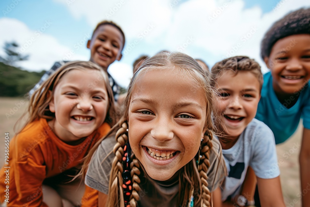 Group of happy children with braids looking at camera on sunny day