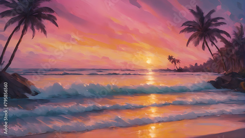 Visuals of cascading liquid in tropical sunset colors, including warm shades of mango orange, papaya pink, banana yellow, and coconut cream, set against a background, tropic ULTRA HD 8K