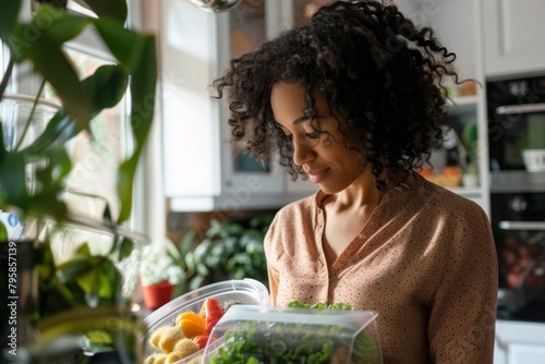 Woman reading a nutrition label on packaged food