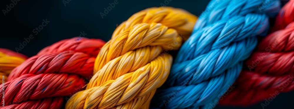 Closeup of colorful ropes and twines arranged in an intricate pattern. Intertwined ropes and straps.