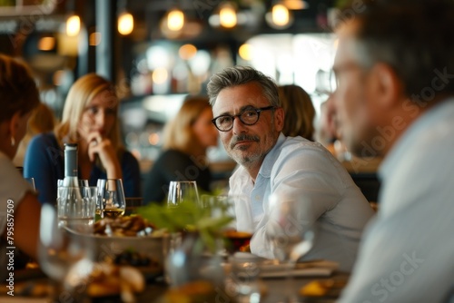 Mature man sitting at table in restaurant and talking to his friends