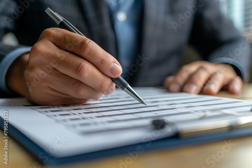 Close up of a man's hand holding a pen and filling in check marks on a to-do list or promotion plan on a virtual laptop screen, business ideas concept with a human working using online technology.