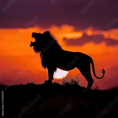 Silhouette of a roaring lion standing on a hill in the setting sun