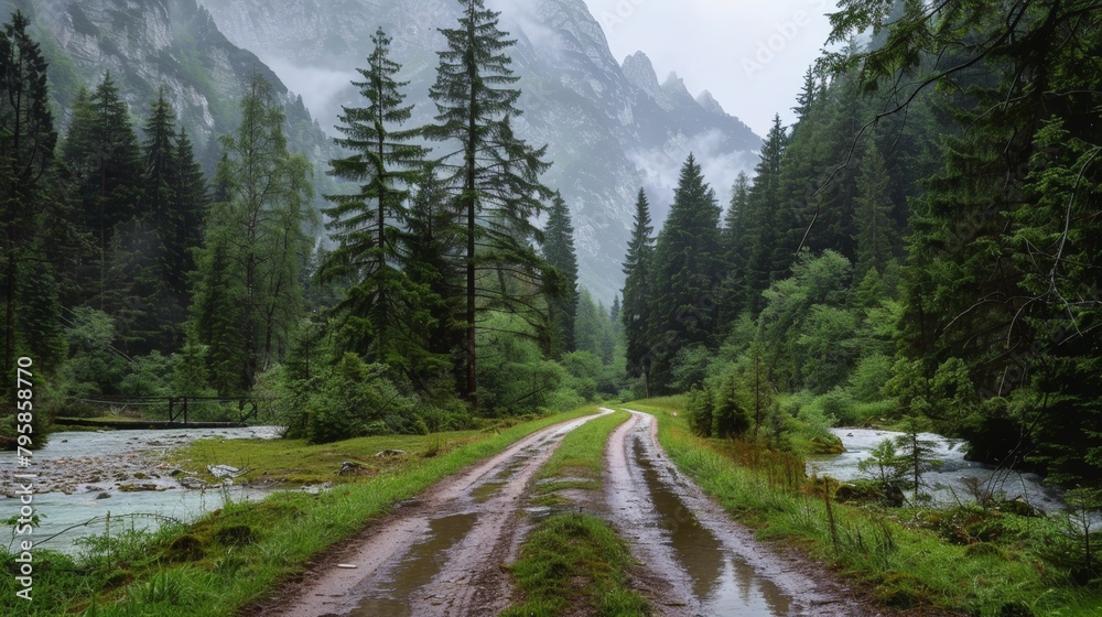 Truck on dusty path with mountain backdrop