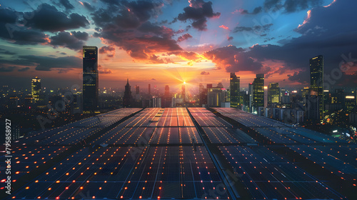 futuristic city view with beautiful sunset light, there is a large solar panel farm in the middle of the city, storing energy into a futuristic battery bank photo