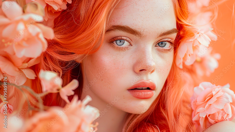 Her natural beauty, red hair, and freckles add to her allure, complemented by soft makeup.