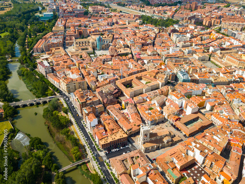 Aerial view of Palencia cityscape overlooking ancient Gothic building of Catholic Cathedral, Spain..