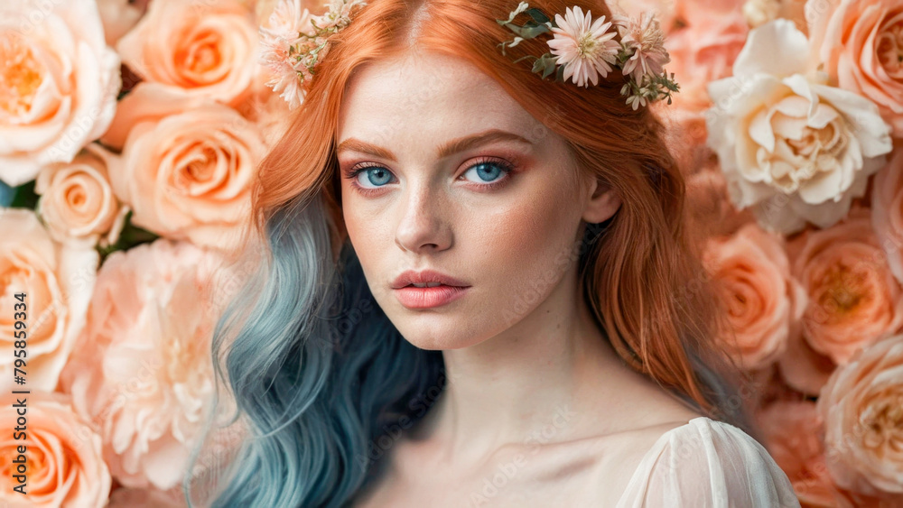 Salmon-hued flowers, a young Caucasian woman with pale skin, blue eyes, wavy red-blue hair shines.