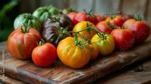 Many tomatoes in different colors on a cutting board