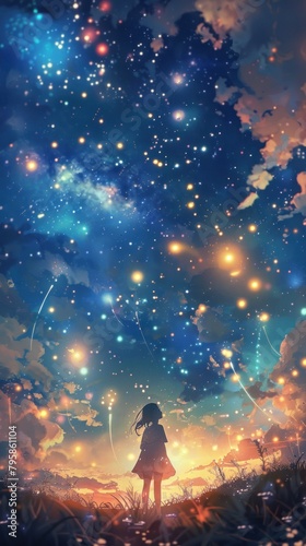 Anime girl standing in a field of flowers looking up at the night sky full of stars.