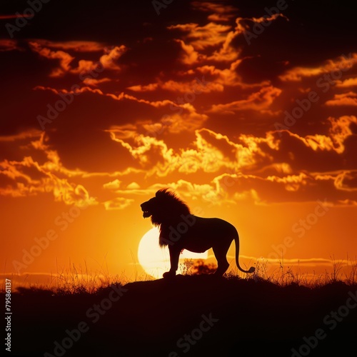 Silhouette of a roaring lion standing on a hill in the setting sun